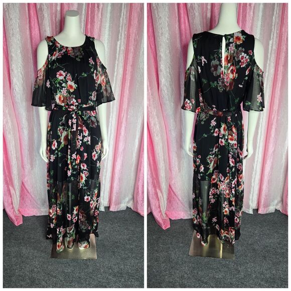 Calvin Klein Floral Cold Shoulder Flutter Sleeve Lined Maxi Dress Size 14 - Picture 1 of 12